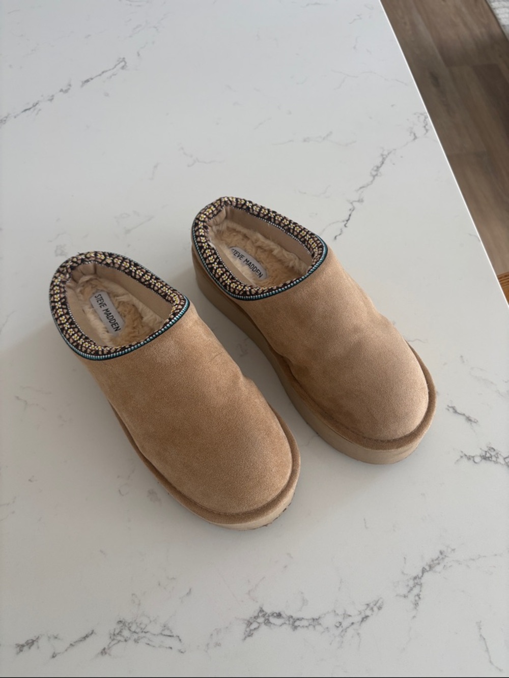 Steve Madden Tan Suede Slip-On Mules with Beaded Trim